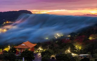 Картинка Корея, дома, горы, туман, пейзаж, утро, освещение, природа