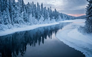 Картинка зима, снег, река, лес, карелия, деревья, сугробы