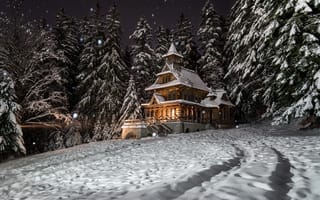 Картинка зима, лес, особняк, Польша, ели, пейзаж, дом, снег, деревья, ночь, природа