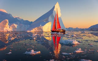 Картинка пейзаж, паруса, утро, отражение, природа, Гренландия, лодка, парусник, океан, льды