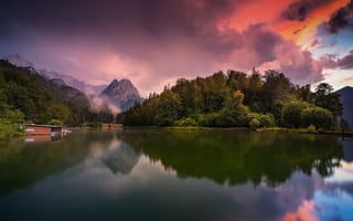 Картинка пейзаж, вечер, Бавария, Альпы, природа, горы, закат, озеро, Рисерзе, Германия