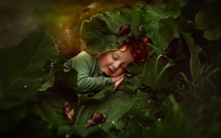 Картинка ребёнок, сон, малыш, листья, улитки, рыжий, природа, боке, мальчик, рыжик, лопухи