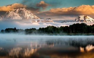 Картинка озеро, лес, горы, туман