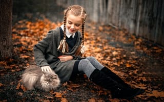 Картинка осень, прелесть, девочка, кошка, Sergey Piltnik