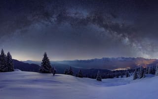 Картинка горы, небо, звёзды, снег