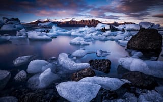 Картинка зима, берег, горы, лёд, Исландия, льдины