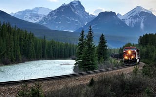 Картинка горы, лес, река, железная дорога, поезд