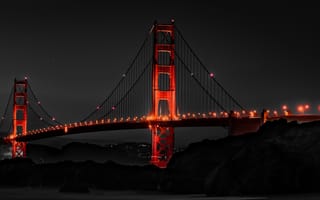 Картинка Golden Gate, Illuminated, San Francisco, Dark, Monochrome, Night, Bridge