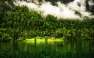 Картинка озеро, избушка, лес
