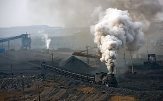 Картинка карьер, паровоз, уголь, дым, поезд