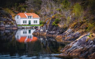 Картинка дом, скалы, отражение, озеро