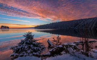 Картинка Озеро, отражение, Сервьер-Пти-Сапен, лес, деревья, зима, закат, природа, пейзаж