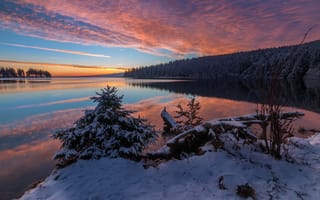 Картинка Озеро, закат, природа, Сервьер-Пти-Сапен, лес, отражение, деревья, пейзаж, зима