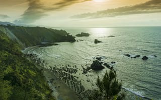 Картинка Playa de Novellana, море, Испания, волны, закат, скалы, Asturias, пейзаж