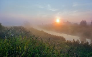 Картинка речка, туман, утро, восход, лето