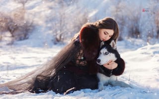 Картинка Юлия Тягушова, зима, Катерина Приходько, собака, снег, девушка