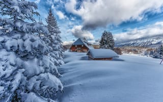 Картинка Франция, природа, Massif des Bauges, зима, горы, облака, ели, природный парк, геопарк, дома, деревья, пейзаж, снег