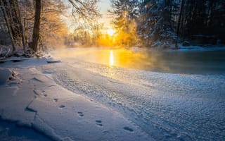Картинка зима, река, снег, лес, закат