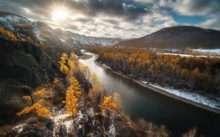 Картинка рассвет, Алексей Оборотов, Хакасия, река Белый Июс, фотография, зима