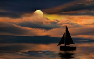 Картинка пейзаж, вечер, паруса, луна, море