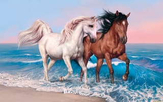 Картинка рисованные, кони, лошади, животные, море