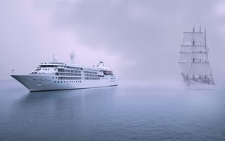 Картинка туман, круизный лайнер, эпохи, море, парусный корабль
