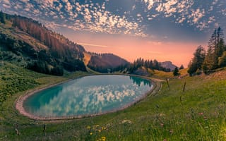 Картинка Chuchalin Pavel, облака, пруд, цветы, деревья, небо, гора