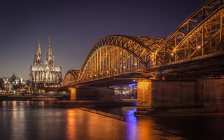 Картинка мост, собор, кёльн, ночь