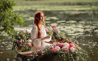 Картинка девушка, красивая, длинные волосы, цветы, лодка
