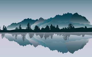 Картинка озеро, деревья, векторная, графика, горы