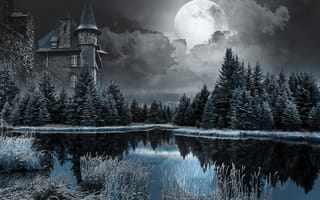 Картинка замок, река, лес, луна