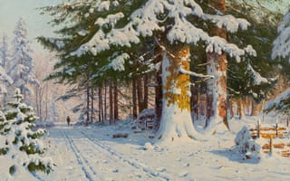 Картинка Walter Moras, Hunter in a winter forestoil, Вальтер Морас, Охотник в зимнем лесу
