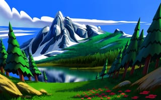 Картинка kevin Gnutzmans, digital art, nature, lake, painting, mountains, clouds, flowers, rocks, digital painting, trees, sky