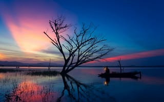 Картинка Bangpra Lake, sunset, fishing, Asia, boat, Thailand