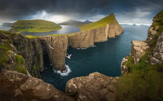 Картинка природа, Фарерские острова, чайки, море, пейзаж, горы, скалы, обрыв