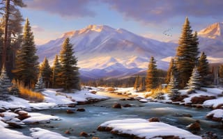 Картинка горы, лес, река, зима