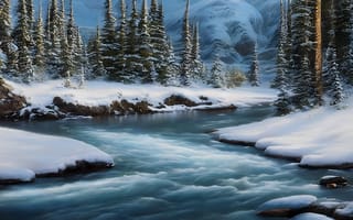Картинка лес, река, зима, горы