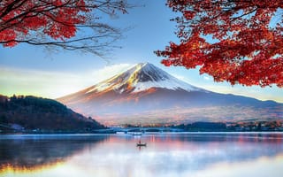 Картинка гора Фудзи, Япония, отражение, осень, пейзаж, лодка, озеро