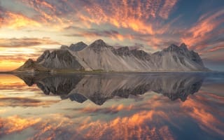 Картинка горы, Исландия, облака, отражение, закат, озеро, вода