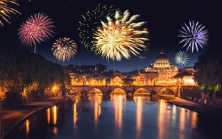 Картинка New Year, Saint Peter cathedral, bridge Saint Angel, Italy, Rome
