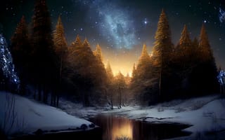 Картинка река, лес, ночь, зима, звезды