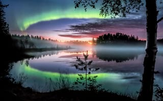 Картинка unfrozen lake, Northern Lights, North Karelia, Nurmes, Finland