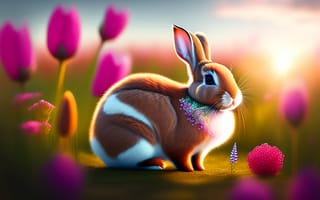 Картинка кролик, тюльпаны, компьютерная, графика