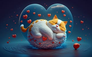Картинка кот, сон, сердечки, 3d, сладкий