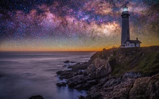 Картинка США, маяк, побережье, звезды, Pigeon Point lighthouse, ночью, Америка, ночь, штаты, берег, Калифорния, природа