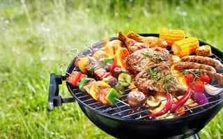 Картинка flame grilled foods, most delicious fish meat vegetable and dessert dishes for the barbecue, festive barbecues