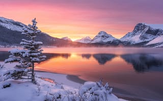 Картинка lake, mountains, sunset, landscape, nature, winter, snow