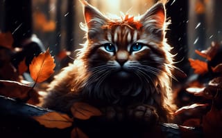 Картинка кот, листья, 3d