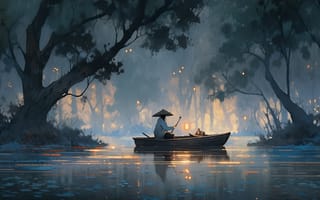 Картинка ночь, река, туман, лодка, 3d, человек