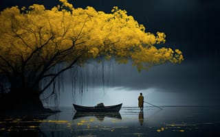 Картинка дерево, река, человек, лодка, композиция, осень, 3d
